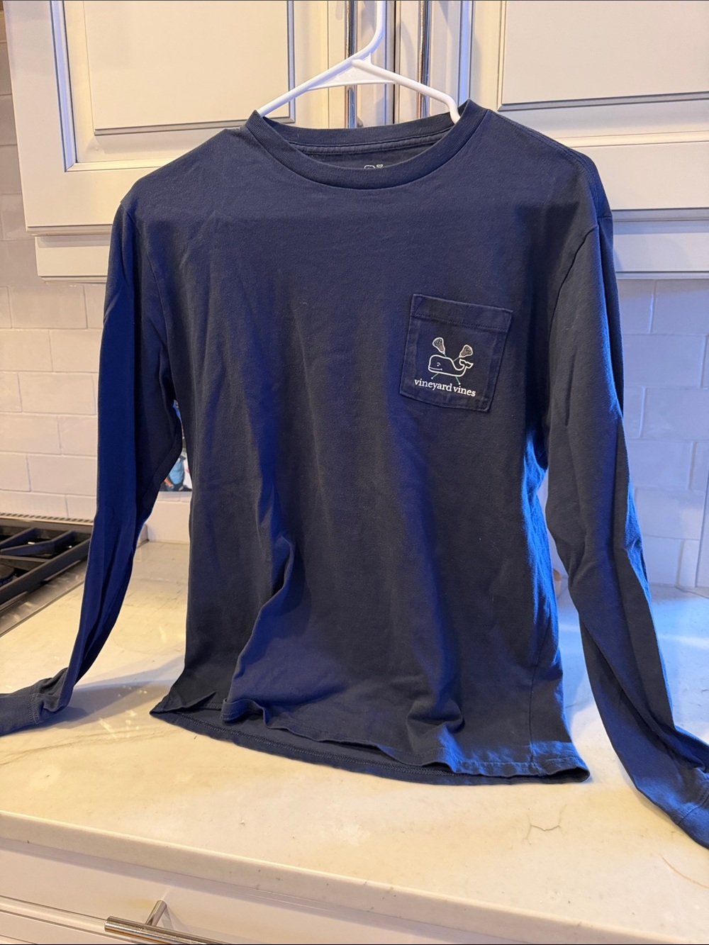 Vineyard Vines Navy Long-Sleeve Pocket Tee with Whale Logo